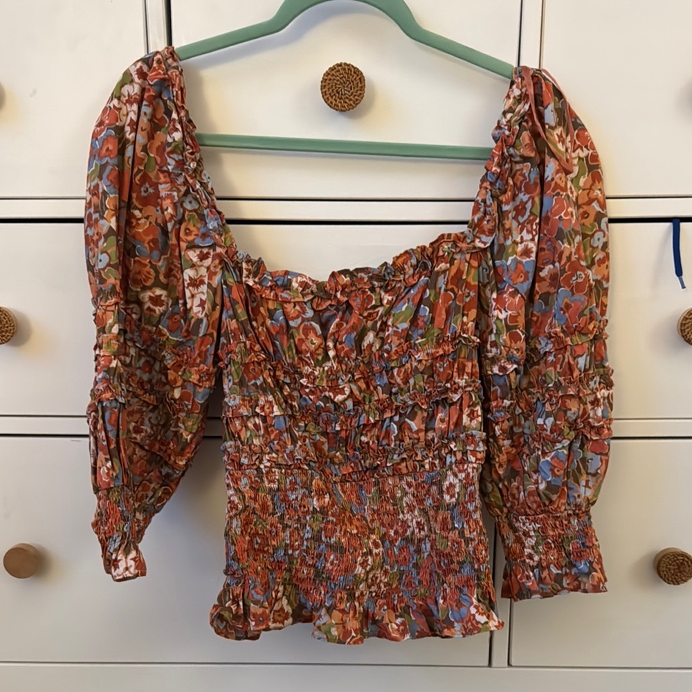 House of Harlow 1960 Brown Ruched Puff Sleeve Blouse